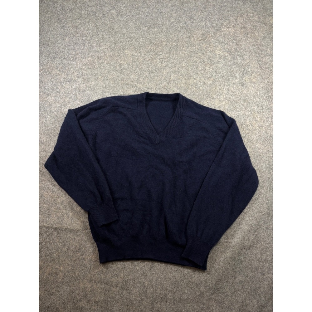 Navy 100% Cashmere V-Neck Sweater Raglan Sleeve Knit Pullover Preppy Academia L?
